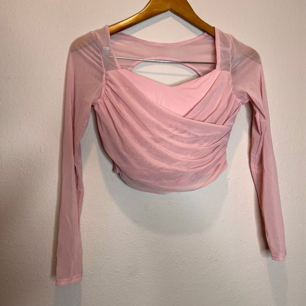 Laslulu pink long sleeve sheer mesh crop top with a sweetheart neckline and wrap